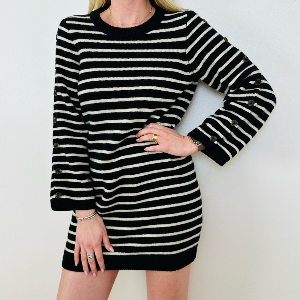 Madewell Striped 100% Merino Wool Crew Neck Long Sleeve Mini Sweater Dress